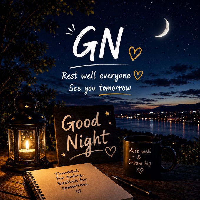 A Good Night graphic featuring a lantern, candle, notebook with "Thankful for today, Excited for tomorrow," and a mug reading "Rest well & Dream big," with "GN - Rest well everyone - See you tomorrow" over a starry night scene.