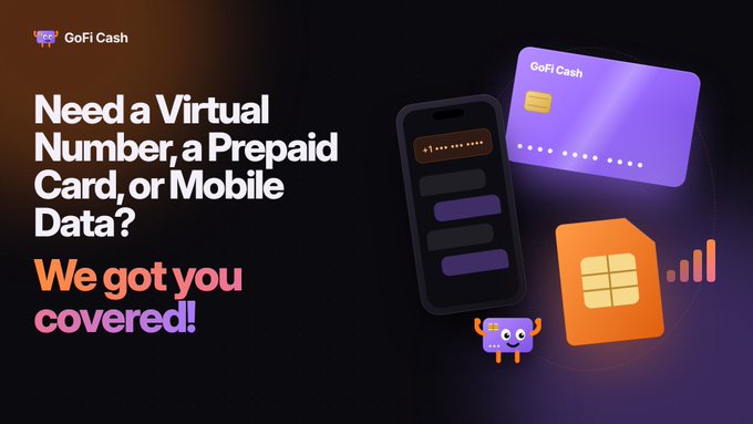A promotional advertisement for 'GoFi Cash' on a dark background, offering 'Virtual Number, Prepaid Card, or Mobile Data' alongside stylized illustrations of a phone, cards, and a SIM chip.