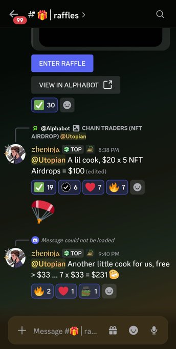 A Discord screenshot from the #raffles channel showing messages from user zhenja about NFT Airdrops, including text: "A lil cook, $20 x 5 NFT Airdrops = $100" and "Another little cook for us, free > $33 ... 7 x $33 = $231".