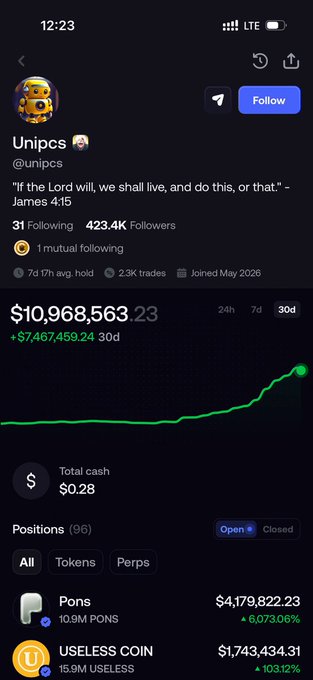 A mobile app screenshot showing a profile "Unipcs" (@unipcs) with a portfolio value of $10,968,563.23, displaying positions including Pons ($4,179,822.23) and USELESS COIN ($1,743,434.31) with green upward trend indicators.