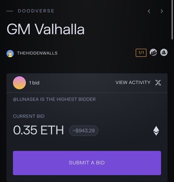 A mobile app screen showing a Doodverse NFT auction for 'GM Valhalla' by @THEHIDDENWALLS with a current bid of 0.35 ETH from @LUNASEA.