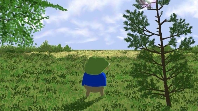 A 3D rendered scene of a small character in a blue shirt standing in a grassy field looking toward a tall tree under a partly cloudy sky.