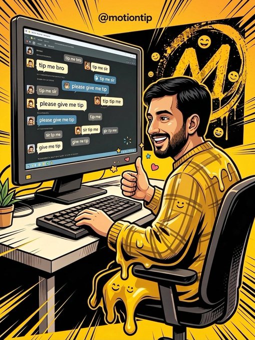 A cartoon-style illustration by @motiontip showing a bearded man at a computer with chat messages asking for tips, giving a thumbs up with yellow liquid splashing around.