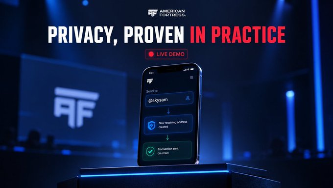 Promotional graphic for American Fortress reading 'PRIVACY, PROVEN IN PRACTICE' with a 'LIVE DEMO' button, featuring a smartphone mockup showing a crypto send interface to '@skysam'.