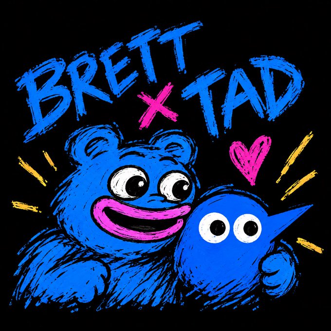 Stylized blue and pink artwork featuring two cartoonish creatures under the text "BRETT x TAD," with a pink heart and yellow accent lines on a black background.
