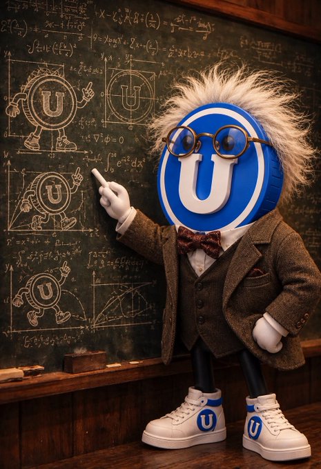 A 3D-rendered character with wild hair, wearing round glasses and a tweed suit, stands in front of a chalkboard covered in mathematical equations, featuring a large blue 'U' logo.