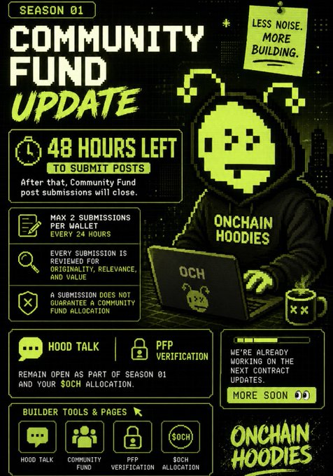 A pixel-art style promotional graphic for 'Onchain Hoodies' Season 01 Community Fund Update, featuring a hooded figure with a pixel face using an 'OCH' branded laptop, highlighting '48 HOURS LEFT TO SUBMIT POSTS' and other details.