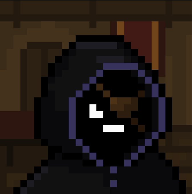 A pixel art character with a hooded purple outfit displays a smug expression with one eye visible against a dark brown background.