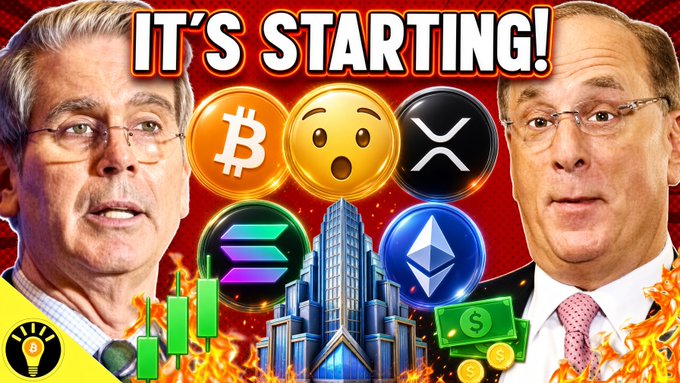 The image is a YouTube thumbnail featuring two men (one resembling a financial regulator) flanking cryptocurrency logos including Bitcoin, XRP, Solana, and Ethereum, with the text "IT'S STARTING!" prominently displayed at the top. The thumbnail ties to the post by visually representing CFTC crypto regulation news and tokenized stocks, using imagery of crypto symbols, dollar bills, and flames to convey excitement about the developments discussed in the video.