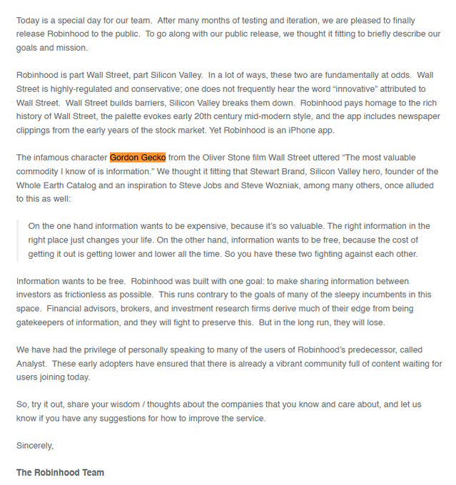 A letter from 'The Robinhood Team' announcing the public release of Robinhood, with the name 'Gordon Gecko' highlighted in orange, discussing the platform's mission to make information sharing between investors frictionless.
