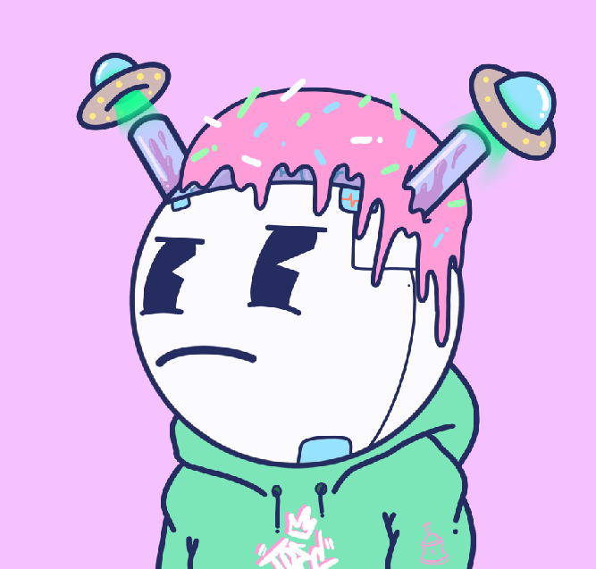 A cartoon character with a white face wearing a green hoodie appears annoyed, with pink sprinkles-topped melting resembling ice cream dripping over its head and two flying saucer-like objects hovering above. The graffiti-style "STAX" text and Stax icon on the hoodie are visible, matching the post's reference to a hoodie-wearing QuirkiesNFT character of the day.