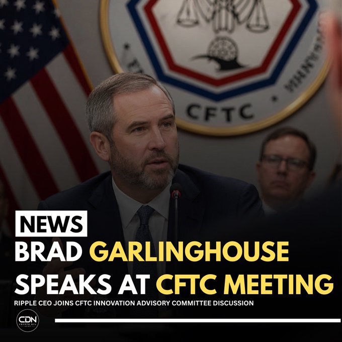 A man in a dark suit speaks into a microphone at a CFTC (Commodity Futures Trading Commission) meeting, with the agency's seal and an American flag visible behind him. The graphic overlay reads "NEWS: BRAD GARLINGHOUSE SPEAKS AT CFTC MEETING," identifying him as the Ripple CEO participating in the CFTC Innovation Advisory Committee discussion, as noted in the caption beneath.