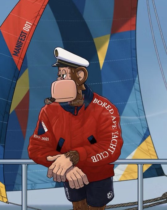 A digital illustration features a Bored Ape character dressed in a red jacket labeled 'BORED APE YACHT CLUB EST. 2021' and a sailor hat, standing on a boat in front of colorful sails marked 'MANIFEST 001'.