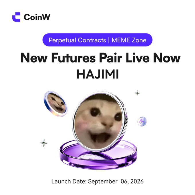 CoinW announces the new listing of $HAJIMI Perpetual Futures in the MEME Zone, launching September 06, 2026, featuring a cat-themed meme coin graphic.