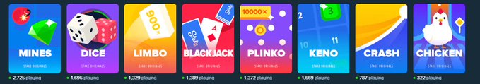 A row of colorful online gambling game tiles including Mines, Dice, Limbo, Blackjack, Plinko, Keno, Crash, and Chicken, each showing the number of players currently playing.