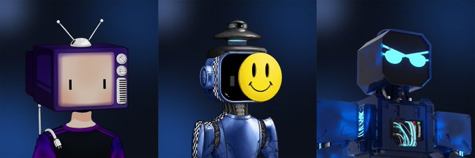 Three stylized digital character avatars stand side by side against a dark background: a purple TV-headed figure, a smiling yellow face in a dark metallic helmet, and a blue robotic figure with glowing cyan sunglasses.