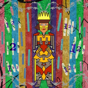 A colorful abstract painting featuring a stylized tribal figure against a vibrant striped background with the number '12'.
