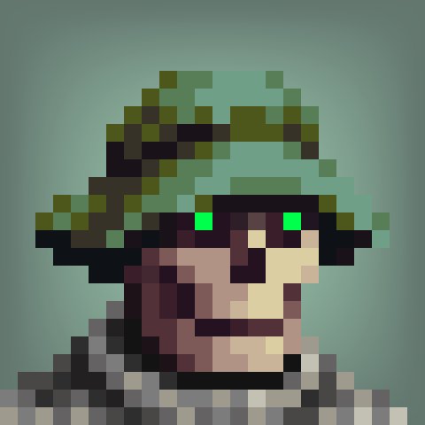 A low-resolution pixel art portrait of a character with dark green hair, green eyes, and a gray and black striped top against a teal background.