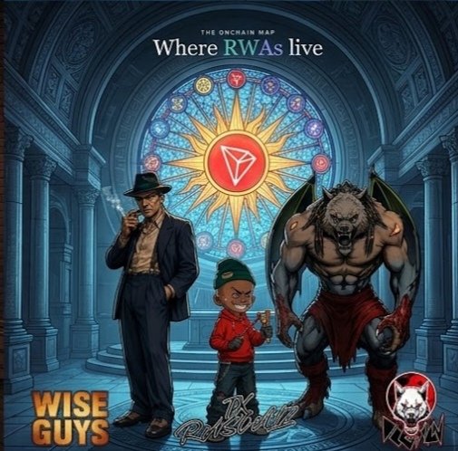 Artwork titled 'Where RWAs live' featuring cartoon characters labeled 'Wise Guys' and 'Red Society' alongside a werewolf figure in a cathedral setting with a stained-glass TRON logo.
