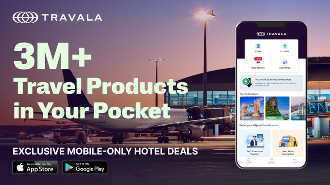An advertisement for TRAVALA showing an airplane at an airport, with text reading '3M+ Travel Products in Your Pocket' and 'EXCLUSIVE MOBILE-ONLY HOTEL DEALS' alongside an image of the app.