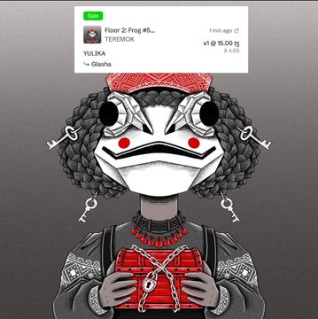 A digital art piece of a character with a red patterned headpiece and scarf, holding a red bag, with an OpenSea listing for 'Floor Z: Frog #6... TERMOK' showing a price of x1 @ 15.00 tg.