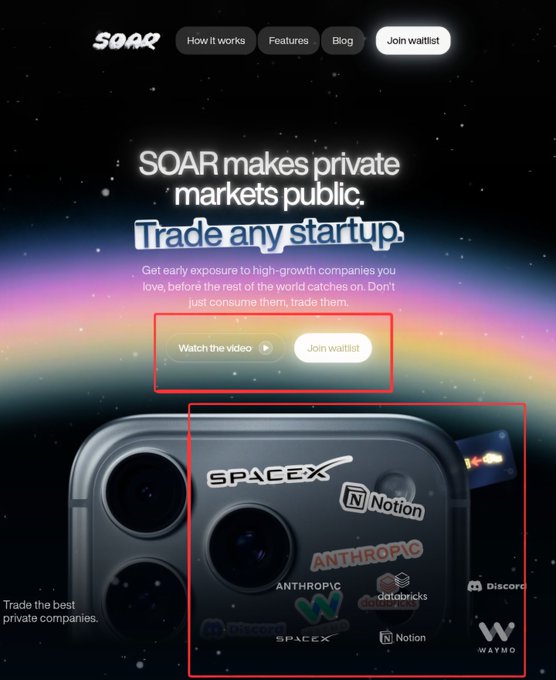 A landing page for "SOAR" with the tagline "SOAR makes private markets public - Trade any startup," featuring call-to-action buttons "Watch the video" and "Join waitlist" highlighted in red, alongside company logos like SpaceX, Notion, and Anthropic also outlined in red. The image visually reinforces the post's call to action by showing the platform's interface where users can click "Join waitlist" to access early investment opportunities in private companies.