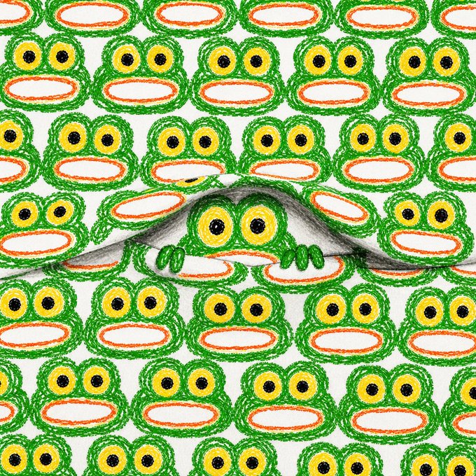 Pattern of cartoon frog faces with large yellow eyes and orange mouths on a white background, with a peeled-back center revealing the gray underside of the sticker or paper.