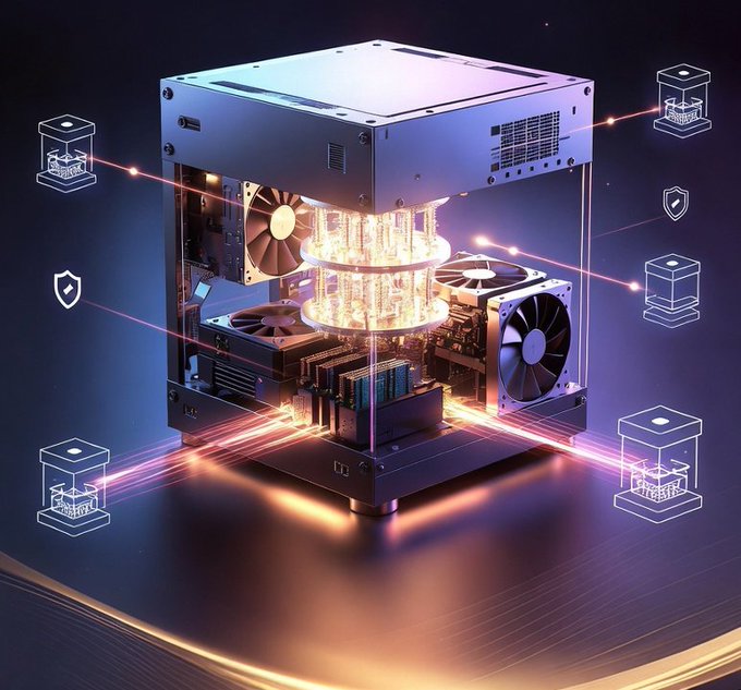 The image features an intricate 3D rendering of a computer chip inside a cube-shaped container. The computer chip has multiple fans, indicating that it's designed for efficient cooling. The background of the image is black with white lines, which adds depth and dimension to the scene. The caption above the image reads "Cross-chain sovereignty starts on your hardware. @quipnetwork QUIPs create a unified post-quantum protection layer that works natively across Bitcoin, Ethereum, and Solana - all managed directly from your device". This text is located at the bottom of the image, providing context to the visual elements within it.