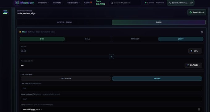 A dark-themed cryptocurrency trading interface on Muselook shows an exchange console for routing between JUPITER and DYLM tokens via FLash, with BUY/SELL/MARKET/LIMIT order options and SOL/CLAWD currency pairs.