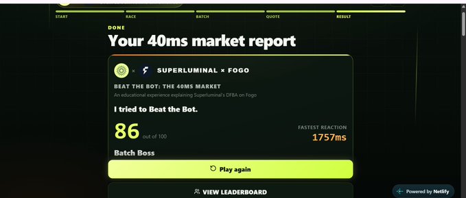 A dark-themed digital interface displays 'Your 40ms market report' with a score of '86 out of 100' and a 'FASTEST REACTION' of '1.757ms' for a game called 'BEAT THE BOT: THE 40MS MARKET' by SUPERLUMINAL × FOGO.