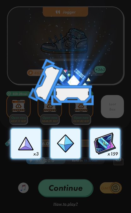 A mobile game loot box screen featuring a sneaker illustration labeled 'Jogger' with various rewards including gems, crystals, and cards, with a 'Continue' button at the bottom.