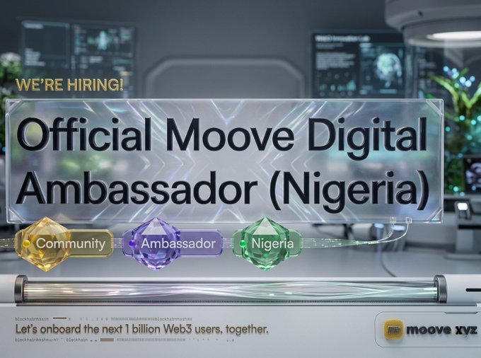 The image features a poster for an event where someone from Nigeria will be serving as an Ambassador for the company Moove. The poster includes text that reads "We're hiring! Official Moove Digital Ambassador (Nigeria)". It also displays three different logos, one of which is a light bulb and another is a plant. The background of the poster shows a computer screen with a monitor displaying some information about the event.