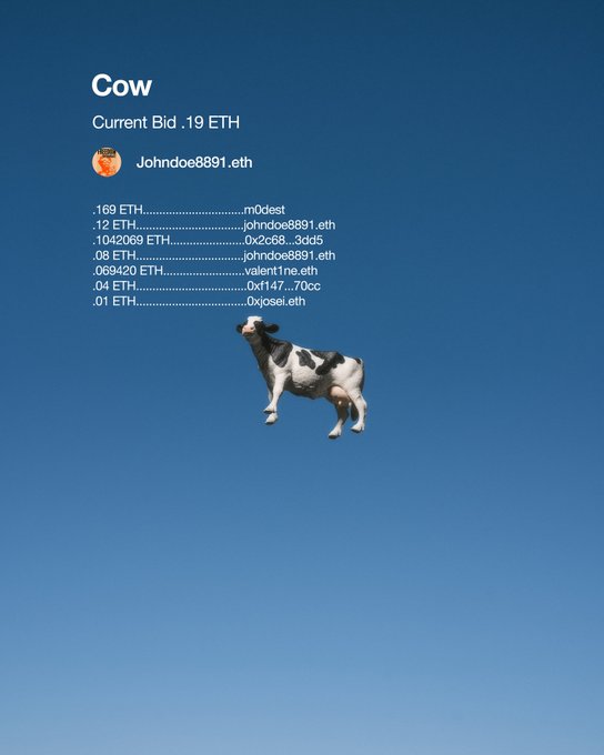 A screenshot of a digital collectible/auction page titled "Cow" with a current bid of .19 ETH from Johndoe8891.eth, showing a cow image floating against a blue gradient background with a list of previous bids in decreasing ETH amounts.