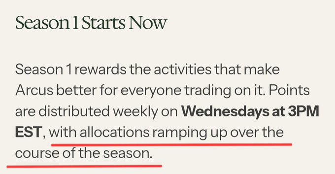Text reading 'Season 1 Starts Now' with a description stating 'Season 1 rewards the activities that make Arcus better for everyone trading on it. Points are distributed weekly on Wednesdays at 3PM EST, with allocations ramping up over the course of the season,' with parts underlined in red.