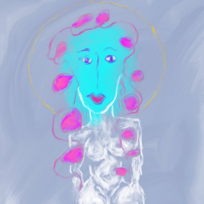 The image displays a stylized, neon‑glow portrait of a blue‑skinned figure with pink highlights and a faint halo, evoking the “GM Daily #135” 1/1 NFT collection that blends ETH and Tezos.