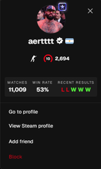 A Rocket League player profile showing the username 'adertttttt' with a level 10 icon, 11,009 matches, 63% win rate, and options to view profile, add friend, or block.
