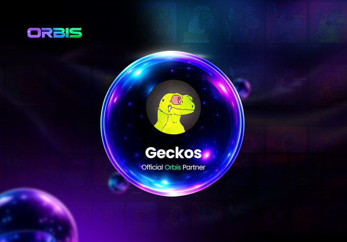 A glowing cosmic orb showcases a cartoon gecko with the text "Geckos – Official Orbis Partner," while the "ORBIS" logo appears in the top left, visually representing the official partnership between Orbis and the Galactic Geckos community that the post celebrates.