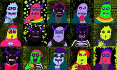 A distorted, psychedelic image showing rows of stretched, brightly colored figures resembling characters from Peppa Pig with warped, elongated bodies in vibrant pink, green, blue, and yellow hues against a dark background.