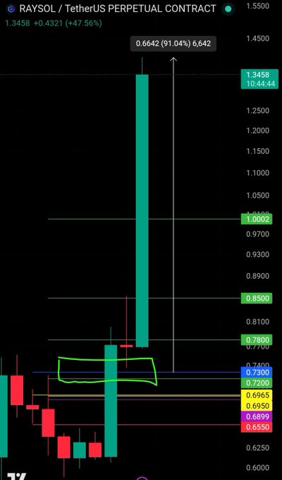 A TradingView chart of the RAYSOL/TetherUS perpetual contract shows a massive green candle surging +91.04% to 1.3458, with a callout noting the 0.6642 level that delivered a close above the highlighted blue line at 0.7300, validating the post's point about the missed setup.