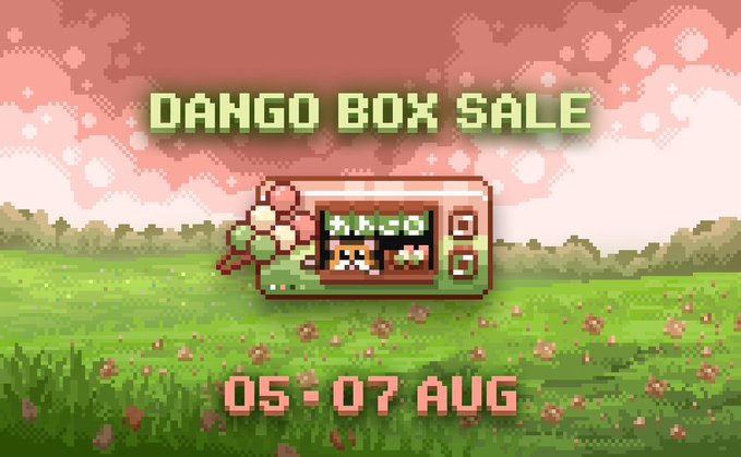 A pixel art promotional graphic for a 'DANGO BOX SALE' dated '05-07 AUG' showing a vending machine dispensing items in a grassy field with cherry blossoms.