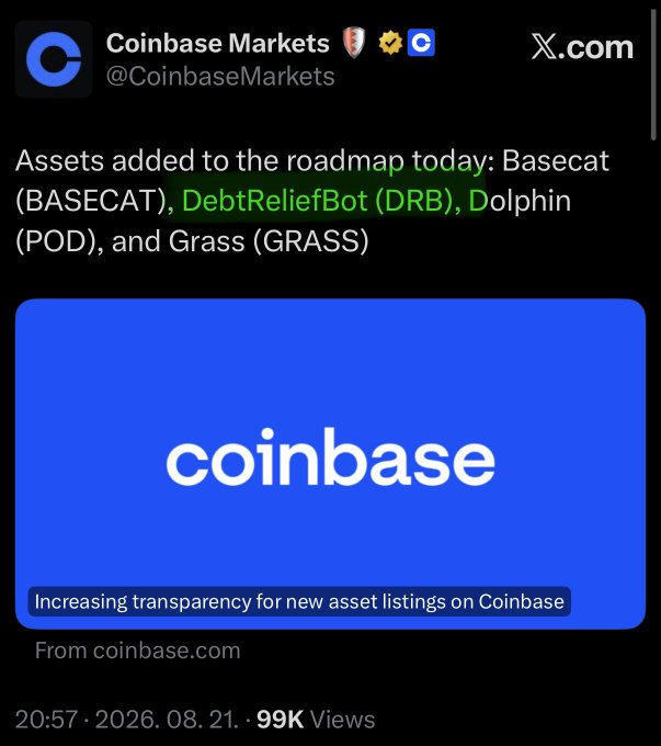 A screenshot of a Coinbase Markets tweet (@CoinbaseMarkets) announcing new roadmap assets: Basecat (BASECAT), DebtReliefBot (DRB), Dolphin (POD), and Grass (GRASS).