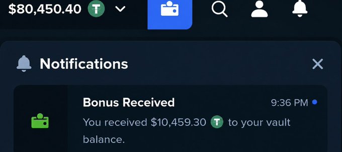 A screenshot of a crypto notification panel showing a balance of $80,450.40 T (Tether) and an alert that reads "Bonus Received: You received $10,459.30 T to your vault balance" at 9:36 PM, supporting the user's claim of receiving a $10,459.30 USDT bonus reward from Stake.