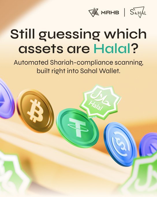 An advertisement for MRHB Sahal Wallet featuring cryptocurrency coins and a "Halal" seal, with text reading "Still guessing which assets are Halal? Automated Shariah-compliance scanning, built right into Sahal Wallet."