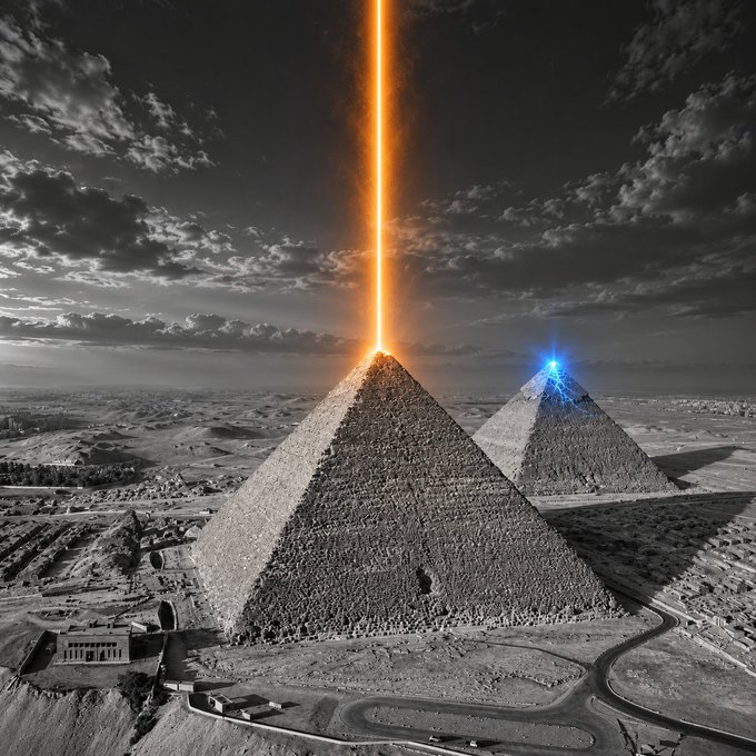A dramatic black and white image of the Egyptian pyramids with glowing laser beams—one orange shooting up from the front pyramid and one blue emitting from the back pyramid—into a cloudy sky.