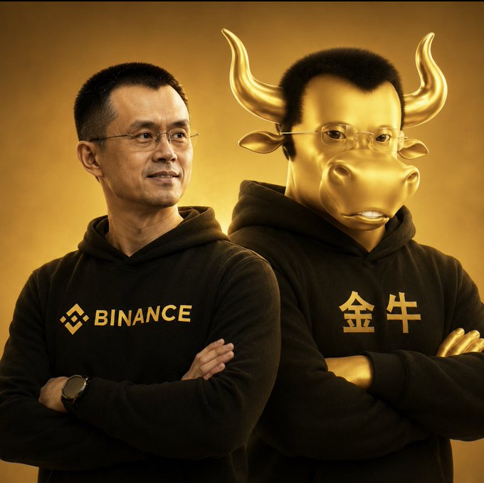 AI-generated image showing a man in a Binance hoodie standing next to a golden bull-headed figure wearing a 金牛 (Golden Bull) hoodie.