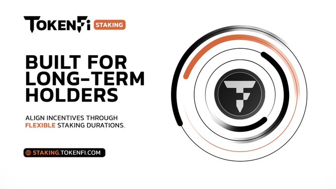 A promotional graphic for TokenFi Staking featuring the "Built for Long-Term Holders" tagline alongside its stylized "F" logo, with a call-to-action directing users to staking.tokenfi.com. The image visually reinforces the post's message about flexible staking durations designed to reward long-term commitment to the TokenFi ecosystem.