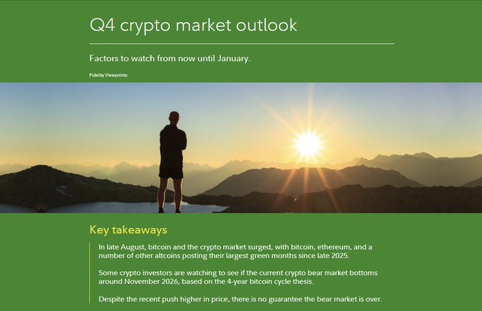 A Fidelity Viewpoints article titled 'Q4 crypto market outlook' with subtitle 'Factors to watch from now until January.' The cover features a silhouetted figure standing on a mountain peak watching a sunrise, with key takeaways noting that bitcoin and the crypto market surged in late August 2026, and some investors are watching for potential bear market bottoms around November 2026 based on the 4-year bitcoin cycle thesis.