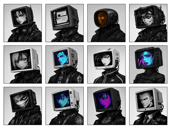The image showcases a 3x4 grid of cyberpunk-style avatars featuring humanoid figures with vintage CRT monitors and tech displays for heads, rendered in various display aesthetics including monochrome, CGA-style purple/cyan, EGA, and VGA color palettes, reflecting the post's announcement of a new PFP collection inspired by old display technologies.