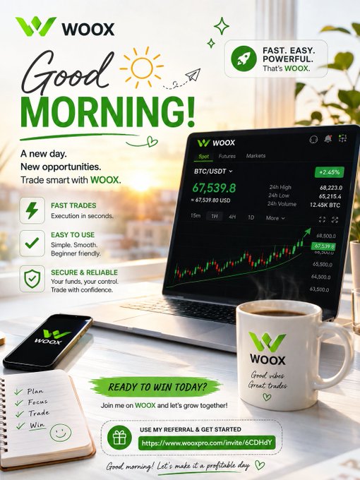 A 'Good Morning!' promotional advertisement for WOOX cryptocurrency exchange, showing a laptop displaying BTC/USDT chart at $67,539.8, with features listed including 'FAST TRADES', 'EASY TO USE', and 'SECURE & RELIABLE', and a referral link 'https://www.wooxpro.com/invite/6CDHdY'.