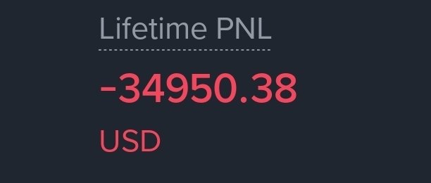 Screenshot showing a Lifetime PNL of -34950.38 USD displayed in red text on a dark background.